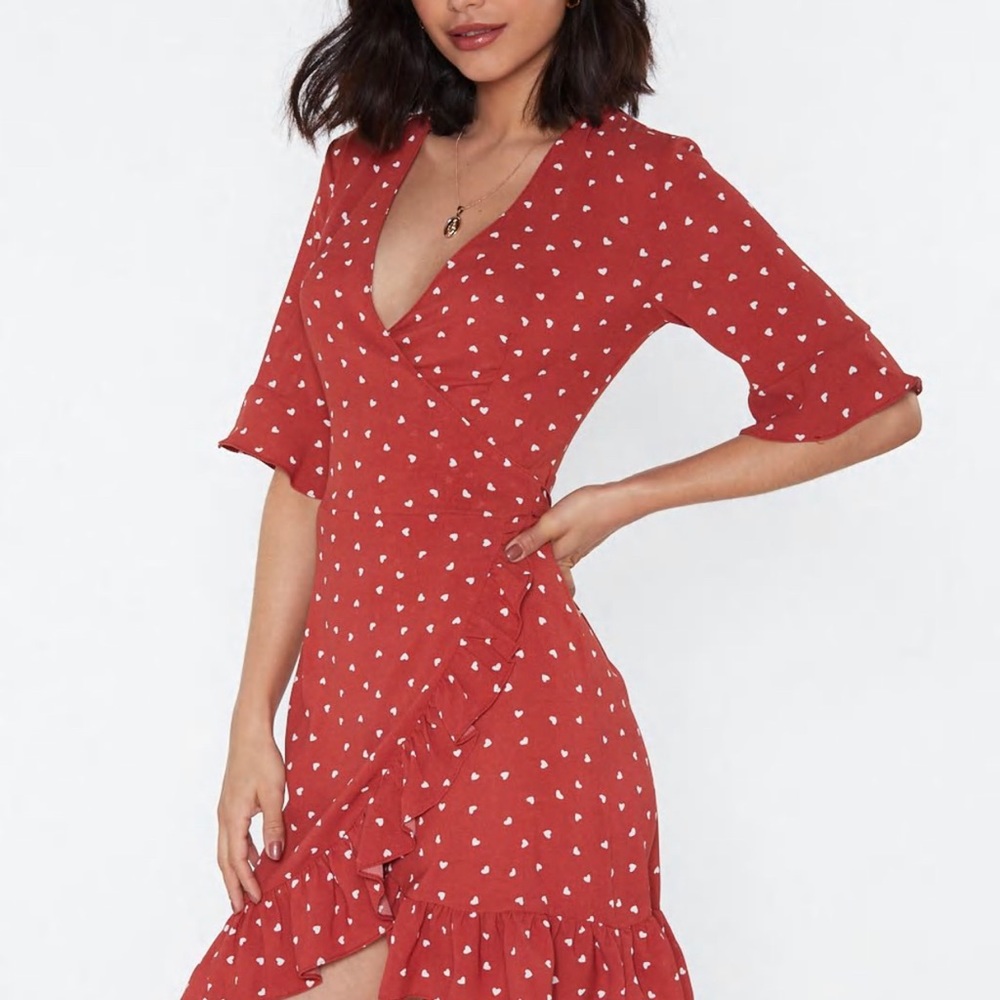 Vera & Lucy, Heart print ruffle wrap dress